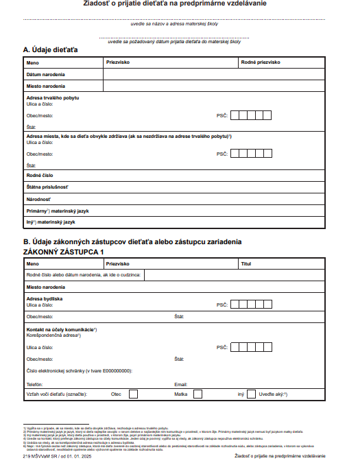 Žiadosť o prijatie dieťaťa na predprimárne vzdelávanie 2025